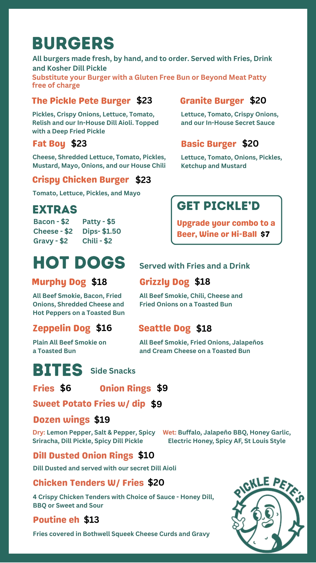 Burgers and Hot Dogs Menu
